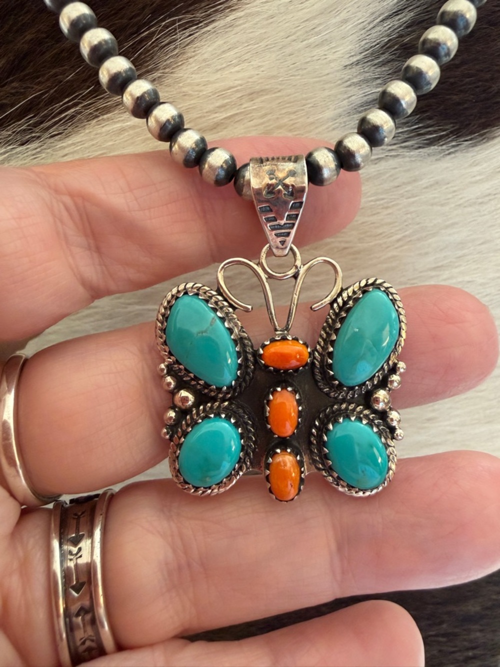 ❤️ Large Butterfly Kingman Turquoise Spiny Oyster Sterling Navajo Style Pendant